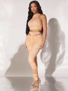 SHEIN SXY 條紋圖案短款背心和腰部鏤空緊身打底褲 - 橘色 - 查看 4