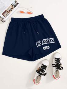 SHEIN Unity Letter Graphic Drawstring Waist Track Shorts - Blue - View 1