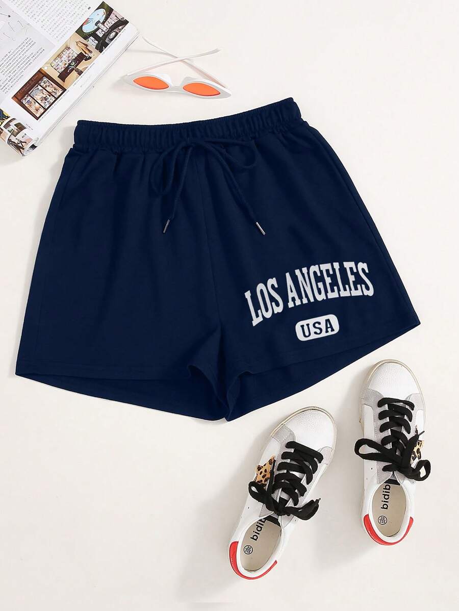 SHEIN Unity Letter Graphic Drawstring Waist Track Shorts - Blue - View 1