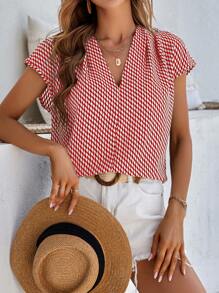 SHEIN LUNE Allover Print Batwing Sleeve Blouse - Red and White - View 1