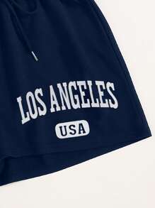 SHEIN Unity Letter Graphic Drawstring Waist Track Shorts - Blue - View 3