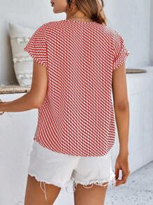 SHEIN LUNE Allover Print Batwing Sleeve Blouse - Red and White - View 2