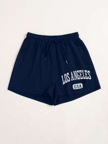 SHEIN Unity Letter Graphic Drawstring Waist Track Shorts - Blue - View 4