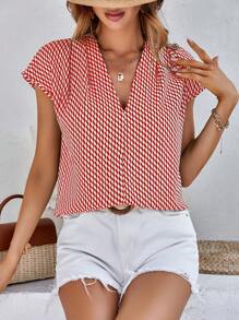 SHEIN LUNE Allover Print Batwing Sleeve Blouse - Red and White - View 3