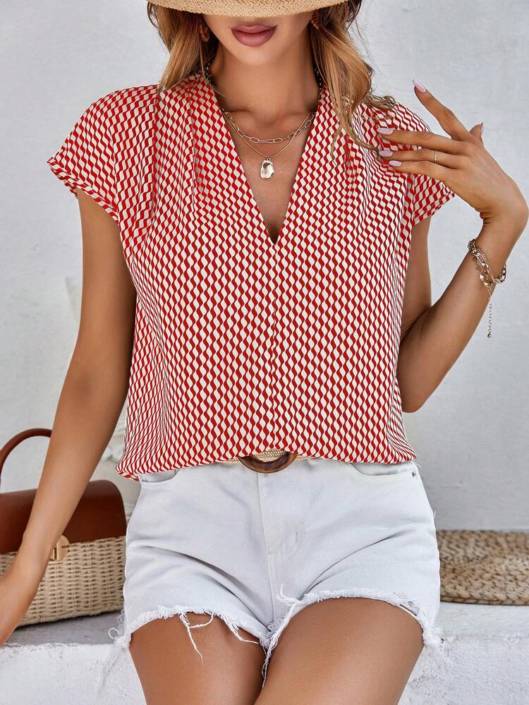 SHEIN LUNE 滿版印花蝙蝠袖襯衫 - 紅白色 - 查看 3