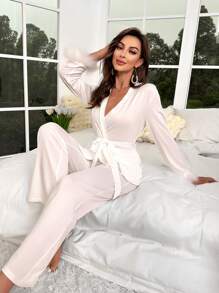 Bộ PJ có thắt lưng Fuzzy Cuff / Bộ Pajama - trắng - Xem 3