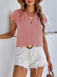 SHEIN LUNE Allover Print Batwing Sleeve Blouse - Red and White - View 4
