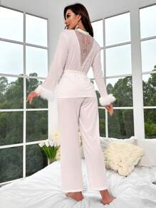 Bộ PJ có thắt lưng Fuzzy Cuff / Bộ Pajama - trắng - Xem 1