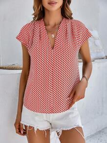 SHEIN LUNE Allover Print Batwing Sleeve Blouse - Red and White - View 5