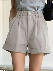 Cao eo Cuộn Hem Quần short Denim - Xám - Xem 5