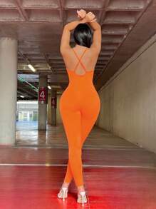 SHEIN SXY Đơn vị Nữ Lộ Lưng Hội Chữ thập màu trơn - trái cam - Xem 1