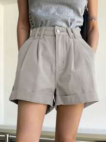 Cao eo Cuộn Hem Quần short Denim - Xám - Xem 3