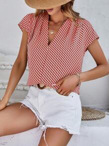 SHEIN LUNE Allover Print Batwing Sleeve Blouse - Red and White - View 6