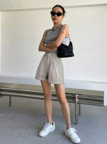 Cao eo Cuộn Hem Quần short Denim - Xám - Xem 4