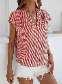 SHEIN LUNE Allover Print Batwing Sleeve Blouse - Red and White - View 7