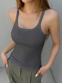 DAZY Solid Ribbed Knit Cami Top Tank Tops - Dark Grey - View 3