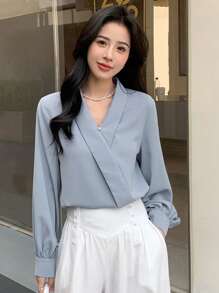 DAZY Solid Wrap Detail Blouse Long Sleeve Women - Dusty Blue - View 3