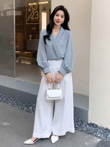 DAZY Solid Wrap Detail Blouse Long Sleeve Women - Dusty Blue - View 4