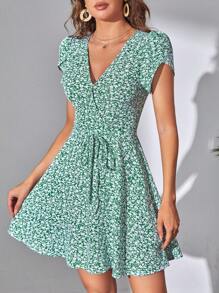 SHEIN Tall Ditsy Floral Print Petal Sleeve Belted Dress - Multicolor - View 5