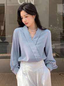 DAZY Solid Wrap Detail Blouse Long Sleeve Women - Dusty Blue - View 5