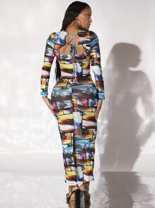 SHEIN SXY Mixade Mönster Ryggfri med Snörning Bodycon Klänning - Multifärgad - Visa 2