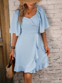 SHEIN LUNE Sweetheart Neck Butterfly Sleeve Ruffle Trim Wrap Hem Dress - Baby Blue - View 4