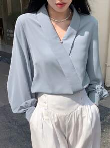 DAZY Solid Wrap Detail Blouse Long Sleeve Women - Dusty Blue - View 6