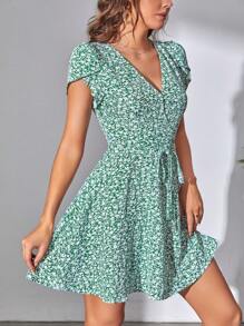 SHEIN Tall Ditsy Floral Print Petal Sleeve Belted Dress - Multicolor - View 6