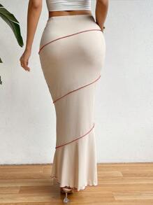 SHEIN Privé Sallad Ordning Kontrast Bindad Randig Elegant Kjol - Kaki - Visa 2