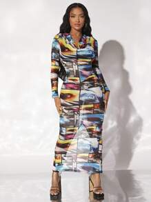 SHEIN SXY Mixade Mönster Ryggfri med Snörning Bodycon Klänning - Multifärgad - Visa 4