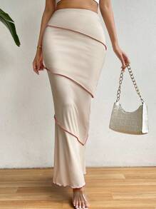 SHEIN Privé Sallad Ordning Kontrast Bindad Randig Elegant Kjol - Kaki - Visa 4