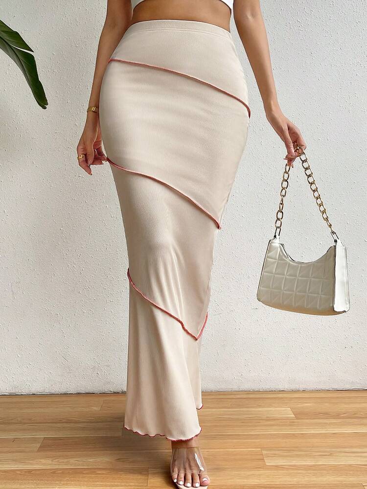 SHEIN Privé Top-stitching Mermaid Hem Skirt - Khaki - View 4