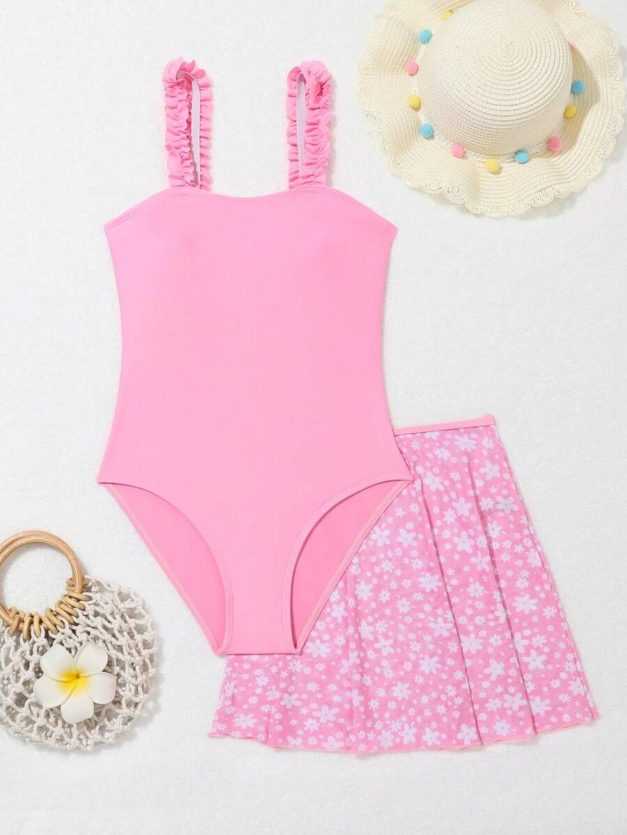 青少年女孩褶邊連體泳衣和印花沙灘半身裙