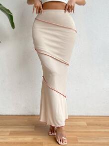 SHEIN Privé Sallad Ordning Kontrast Bindad Randig Elegant Kjol - Kaki - Visa 6