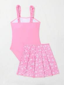 青少年女孩褶邊連體泳衣和印花沙灘半身裙