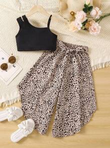 SHEIN Young Girl Printed Off-shoulder Top And Wide Leg Pants Set For A Casual And Fashionable Look In Summer - Multicolor - View 1