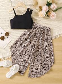 SHEIN Young Girl Printed Off-shoulder Top And Wide Leg Pants Set For A Casual And Fashionable Look In Summer - Multicolor - View 2