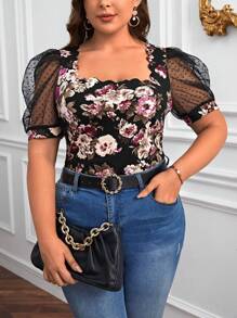 SHEIN Privé Áo thun Plus size Tương phản Mesh Sò điệp cắt Hoa Giải trí - màu đen - Xem 2