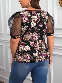 SHEIN Privé Áo thun Plus size Tương phản Mesh Sò điệp cắt Hoa Giải trí - màu đen - Xem 3