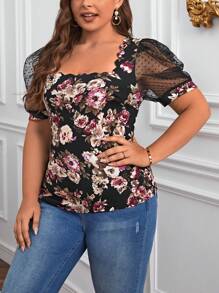 SHEIN Privé Áo thun Plus size Tương phản Mesh Sò điệp cắt Hoa Giải trí - màu đen - Xem 4