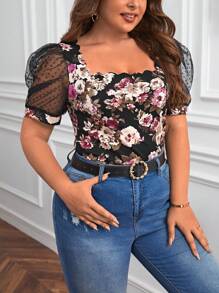 SHEIN Privé Áo thun Plus size Tương phản Mesh Sò điệp cắt Hoa Giải trí - màu đen - Xem 5