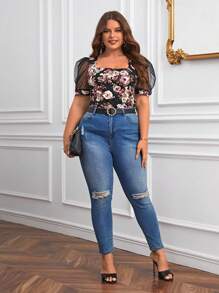 SHEIN Privé Áo thun Plus size Tương phản Mesh Sò điệp cắt Hoa Giải trí - màu đen - Xem 6