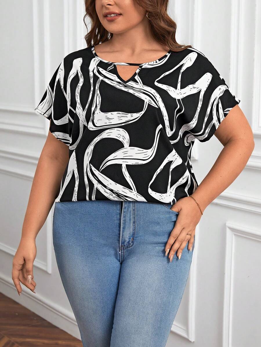 SHEIN Clasi 大碼滿版印花鎖眼領蝙蝠袖襯衫 - 黑與白 - 查看 1