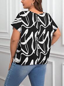 SHEIN Clasi 大碼滿版印花鎖眼領蝙蝠袖襯衫 - 黑與白 - 查看 2