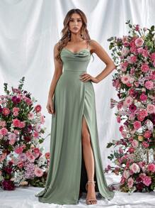 Elegant Spaghetti Strap Evening Gown With Ruched Bodice & High Slit - Spring-Summer Formal Dress For Galas, Weddings, Red Carpet Events, Upscale Parties,Bridesmaid Dress