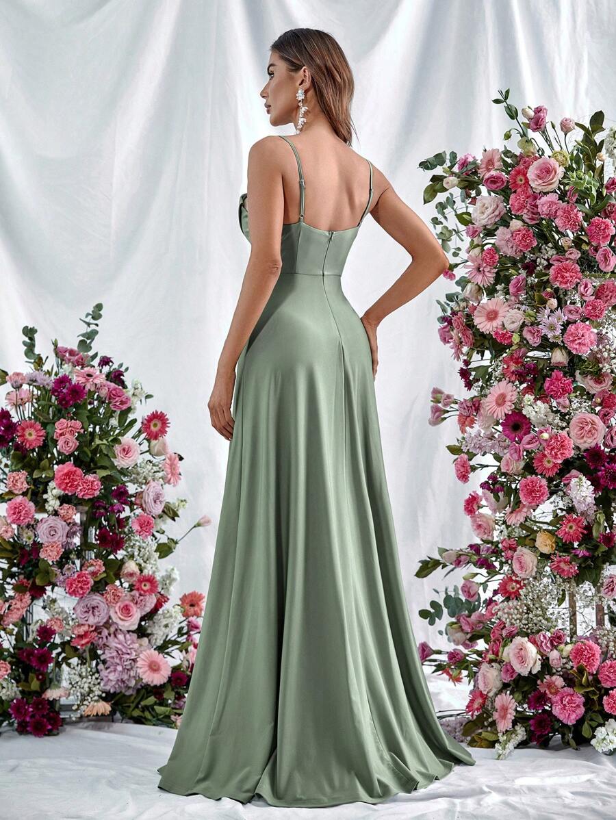 Draped Collar Slit Thigh Satin Slip Dress, Elegant Bridesmaid Gown - Mint Green - View 1
