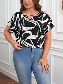 SHEIN Clasi 大碼滿版印花鎖眼領蝙蝠袖襯衫 - 黑與白 - 查看 5