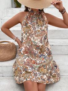 SHEIN VCAY Plus Size Boho Paisley Print Halter Neck Summer Dress,Beach Dress Sundress,Holiday Outfits - Apricot - View 1