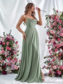 Elegant Spaghetti Strap Evening Gown With Ruched Bodice & High Slit - Spring-Summer Formal Dress For Galas, Weddings, Red Carpet Events, Upscale Parties,Bridesmaid Dress