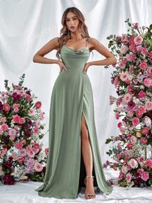 Elegant Spaghetti Strap Evening Gown With Ruched Bodice & High Slit - Spring-Summer Formal Dress For Galas, Weddings, Red Carpet Events, Upscale Parties,Bridesmaid Dress